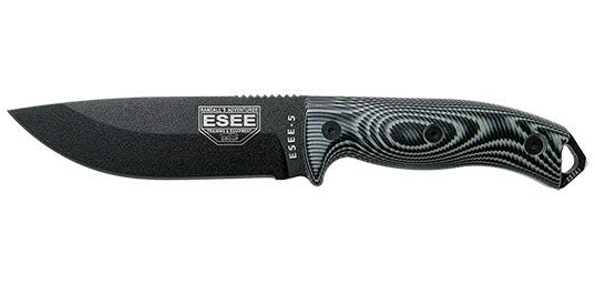 Couteau de survie ESEE-5 lame noire 132 mm – Manche G10 3D gris/noir – Étui Kydex - Survia outdoors