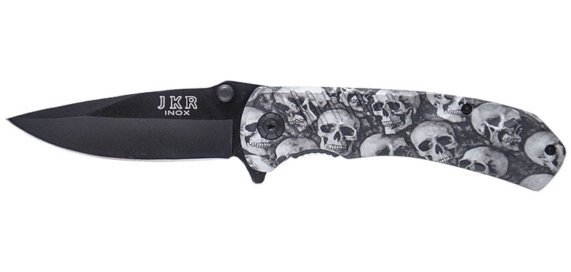 Couteau Pliant JKR0432 | Lame 85mm Lisse | Manche Fibre Têtes de Mort | Clip - Survia outdoors