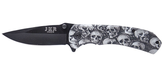 Couteau Pliant JKR0432 | Lame 85mm Lisse | Manche Fibre Têtes de Mort | Clip - Survia outdoors