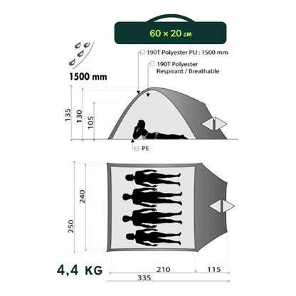 Tente Dôme Corte 4 Places Gris/Rouge | Wilsa Outdoor - Survia outdoors